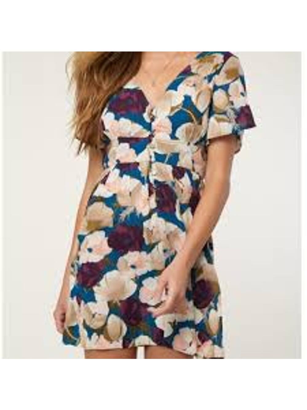 O'Neill Floral Babydoll Mini Dress Blue Purple Short Sleeve Womens S